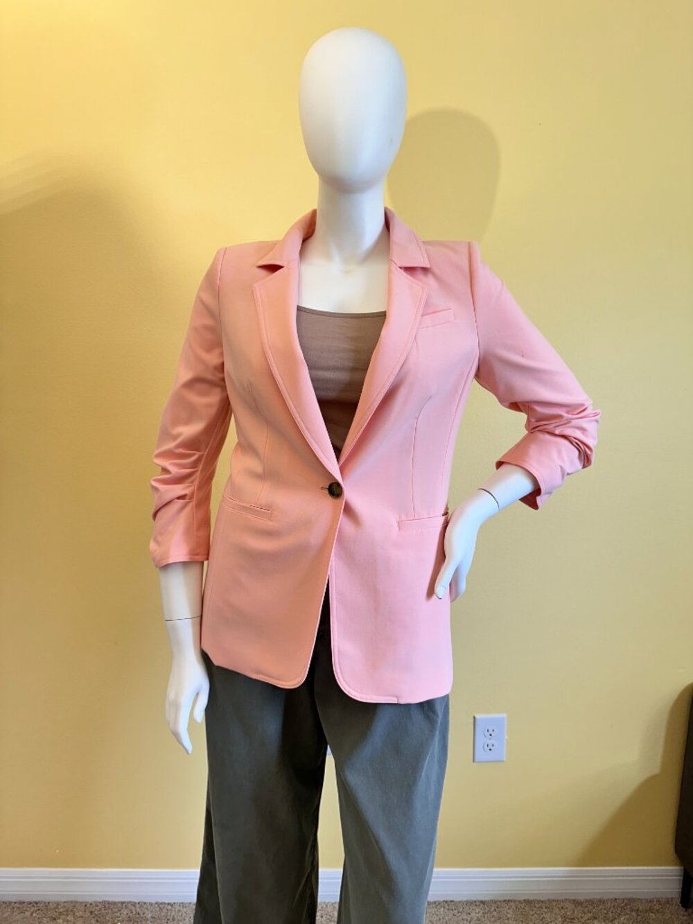 DKNY Blush Pink Ruched Sleeve Blazer Size 12 One Button Career Jacket